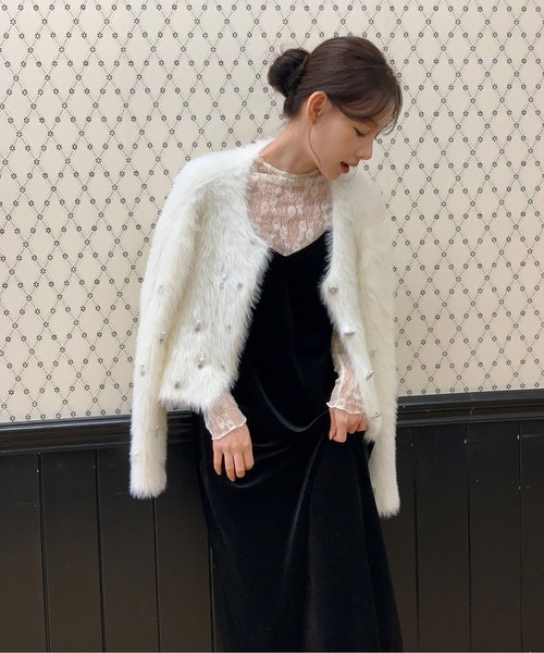 着用動画あり!】パールキュービックボタンファーカーディガン