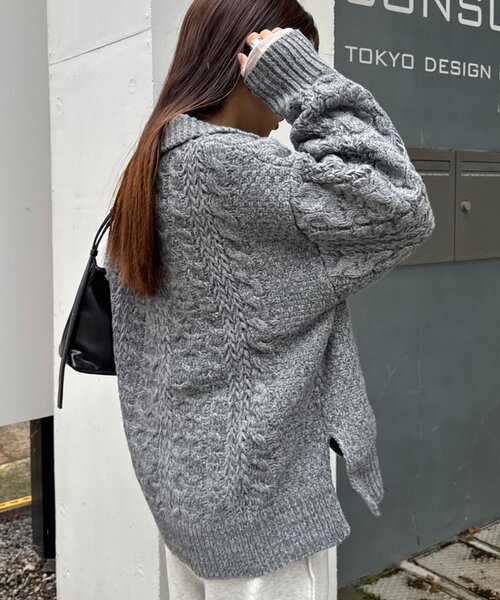 セール】【チクチクしない！】スキッパー襟付きケーブルニット（ニット