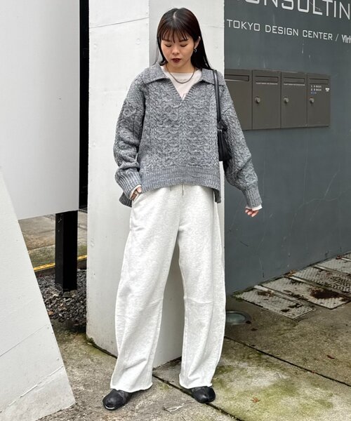 チクチクしない！】スキッパー襟付きケーブルニット（ニット/セーター