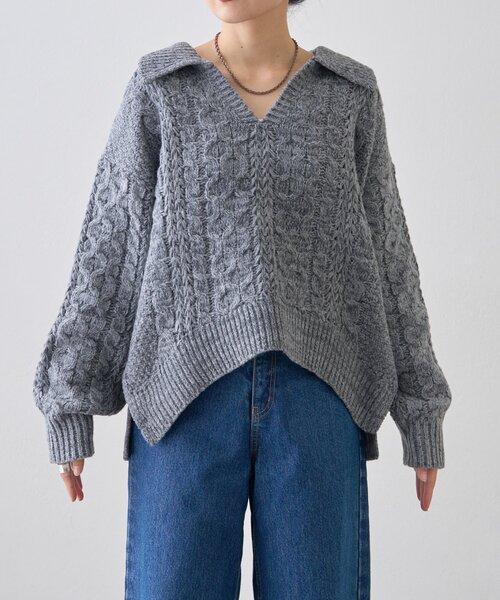 CIAOPANIC TYPY(チャオパニックティピー)の「【チクチクしない!】スキッパー襟付きケーブルニット(ニット/セーター・レディース・アイボリー/サックスブルー/グレー/ブラウン・ONE SIZE)」の6枚目の写真