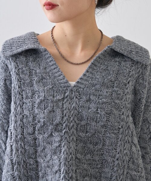 CIAOPANIC TYPY(チャオパニックティピー)の「【チクチクしない!】スキッパー襟付きケーブルニット(ニット/セーター・レディース・アイボリー/サックスブルー/グレー/ブラウン・ONE SIZE)」の9枚目の写真