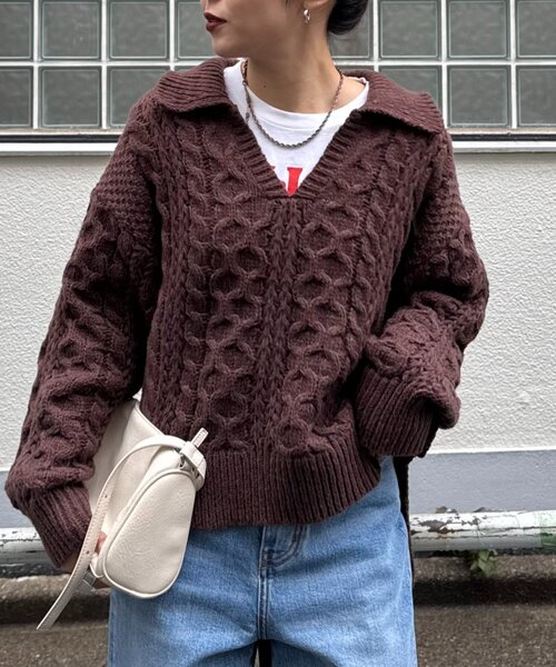 CIAOPANIC TYPY(チャオパニックティピー)の「【チクチクしない!】スキッパー襟付きケーブルニット(ニット/セーター・レディース・アイボリー/サックスブルー/グレー/ブラウン・ONE SIZE)」の13枚目の写真