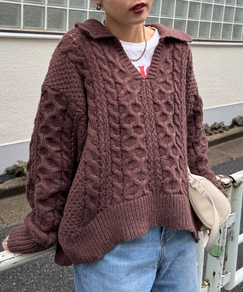 CIAOPANIC TYPY(チャオパニックティピー)の「【チクチクしない!】スキッパー襟付きケーブルニット(ニット/セーター・レディース・アイボリー/サックスブルー/グレー/ブラウン・ONE SIZE)」の14枚目の写真