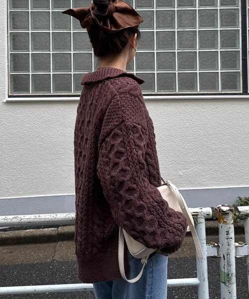 CIAOPANIC TYPY(チャオパニックティピー)の「【チクチクしない!】スキッパー襟付きケーブルニット(ニット/セーター・レディース・アイボリー/サックスブルー/グレー/ブラウン・ONE SIZE)」の16枚目の写真