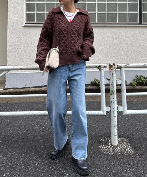 CIAOPANIC TYPY(チャオパニックティピー)の「【チクチクしない!】スキッパー襟付きケーブルニット(ニット/セーター・レディース・アイボリー/サックスブルー/グレー/ブラウン・ONE SIZE)」の18枚目の写真