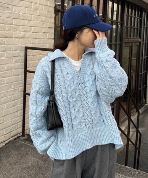 CIAOPANIC TYPY(チャオパニックティピー)の「【チクチクしない!】スキッパー襟付きケーブルニット(ニット/セーター・レディース・アイボリー/サックスブルー/グレー/ブラウン・ONE SIZE)」の22枚目の写真
