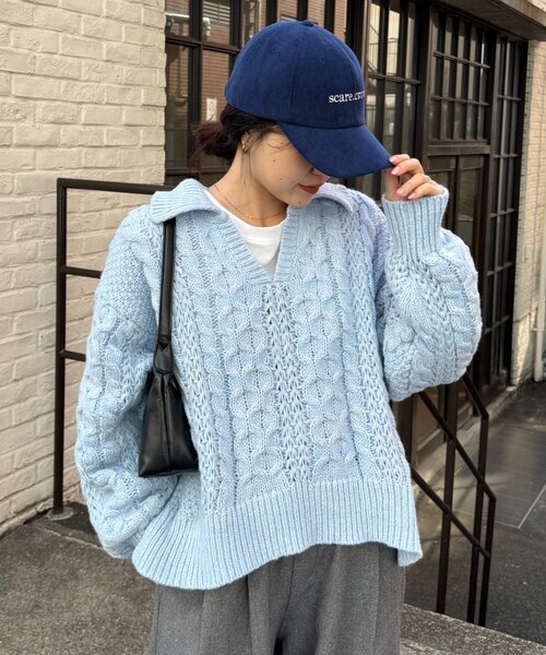 ジャックジャックKANATA 水色 ケーブルニットセーター Wフェイスシャギーニットジャケット/洗える(カーディガン) | MK MICHEL