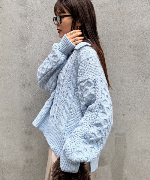 ジャックジャックKANATA 水色 ケーブルニットセーター Wフェイスシャギーニットジャケット/洗える(カーディガン) | MK MICHEL