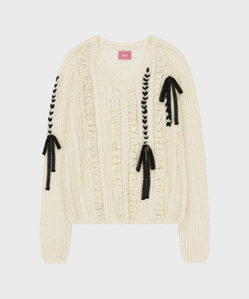 SINOON（シヌーン）の「[ヨンウ着用] クロシェリボンタイVネックプルオーバー (アイボリー)（ニット/セーター・レディース・アイボリー・FREE）」の4枚目の写真