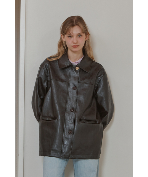 BUTTON CLASSIC LEATHER JACKET_BROWN