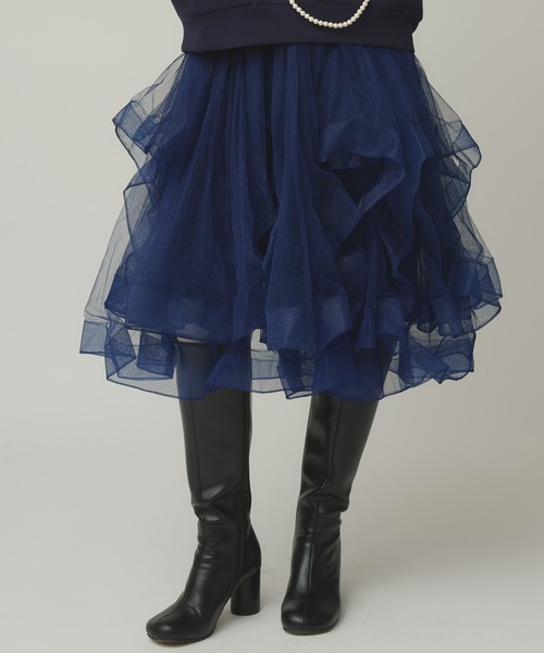 Narcissus（ナルシス）の「チュールミディスカート/オケージョン/アシンメトリーデザイン（スカート・レディース・ネイビー/ブラック・FREE）」の2枚目の写真