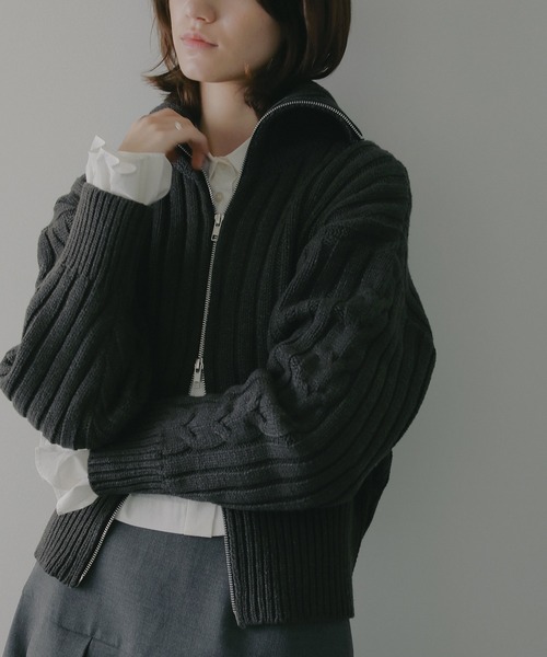 MANOF(マノフ)の「ZIP UP COTTON RIBKNIT(ニット/セーター・レディース・ホワイト/ブルー/チャコールグレー・F)」の1枚目の写真