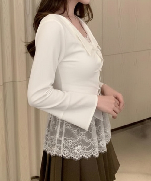 VIVID LADY(ビビッドレディー)の「カップ付き キャミレイヤード風 ロングスリーブトップス(Tシャツ/カットソー・レディース・ブラック/アイボリー・FREE)」の6枚目の写真