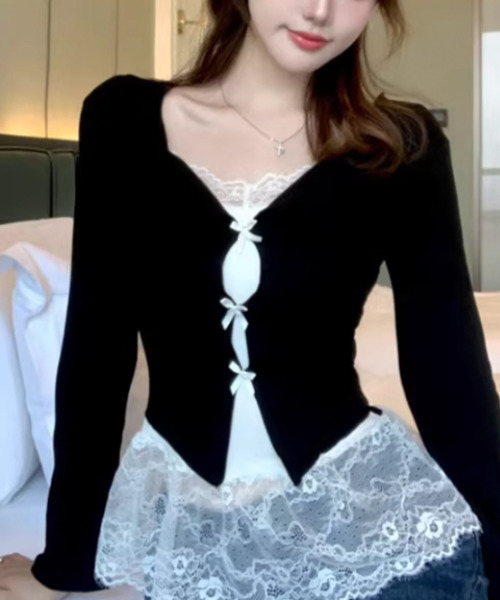 VIVID LADY(ビビッドレディー)の「カップ付き キャミレイヤード風 ロングスリーブトップス(Tシャツ/カットソー・レディース・ブラック/アイボリー・FREE)」の9枚目の写真