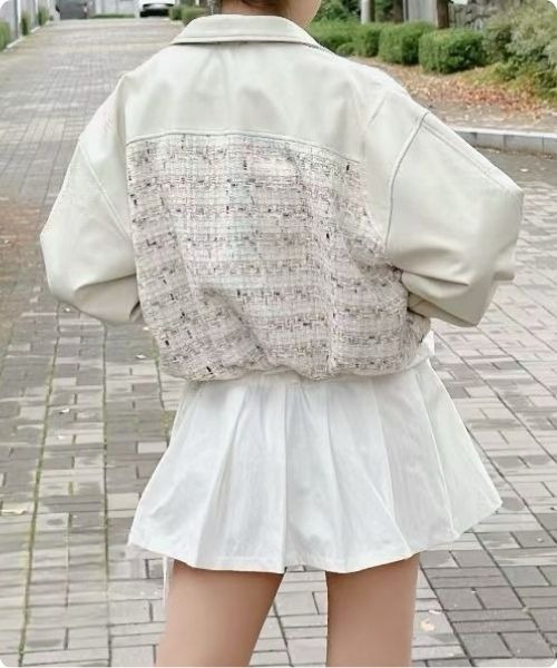 I.O.E(アイオイ)の「韓国流 ミックスツイードクロップドジャケット(ブルゾン・レディース・ブルー/アイボリー・FREE)」の11枚目の写真