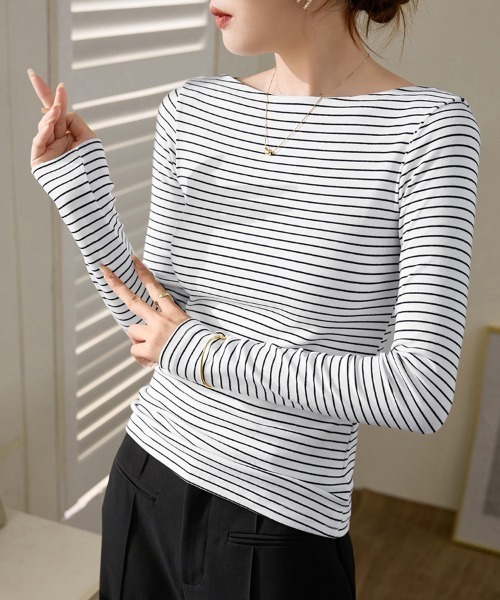 ONEP STAR（ワンピスター）の「ボートネック×ボーダー柄トップス（Tシャツ/カットソー・レディース・ブラック/ホワイト・MEDIUM/X-LARGE/LARGE）」の18枚目の写真