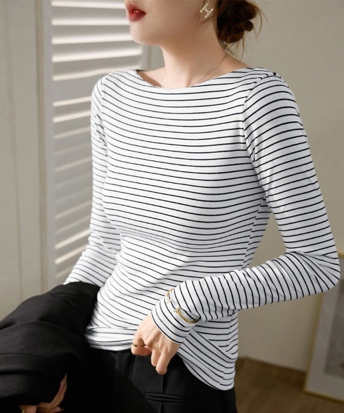 ONEP STAR（ワンピスター）の「ボートネック×ボーダー柄トップス（Tシャツ/カットソー・レディース・ブラック/ホワイト・MEDIUM/X-LARGE/LARGE）」の19枚目の写真