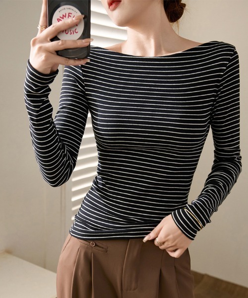 ONEP STAR（ワンピスター）の「ボートネック×ボーダー柄トップス（Tシャツ/カットソー・レディース・ブラック/ホワイト・MEDIUM/X-LARGE/LARGE）」の7枚目の写真