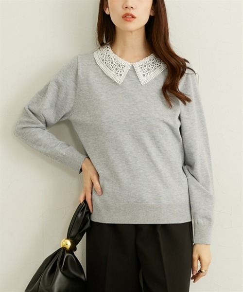 nissen（ニッセン）の「レース衿２ＷＡＹニット【ウォッシャブル】（ニット/セーター・レディース・ネイビー/ライトグレー・LL/L/M）」の2枚目の写真