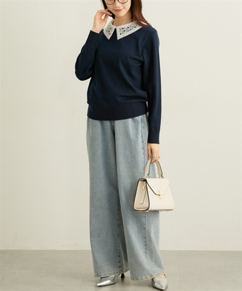 nissen（ニッセン）の「レース衿２ＷＡＹニット【ウォッシャブル】（ニット/セーター・レディース・ネイビー/ライトグレー・LL/L/M）」の4枚目の写真