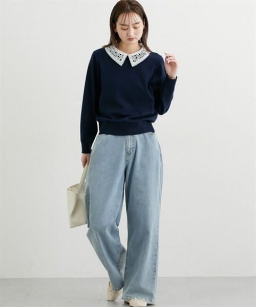 nissen（ニッセン）の「レース衿２ＷＡＹニット【ウォッシャブル】（ニット/セーター・レディース・ネイビー/ライトグレー・LL/L/M）」の7枚目の写真