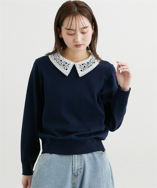 nissen（ニッセン）の「レース衿２ＷＡＹニット【ウォッシャブル】（ニット/セーター・レディース・ネイビー/ライトグレー・LL/L/M）」の5枚目の写真
