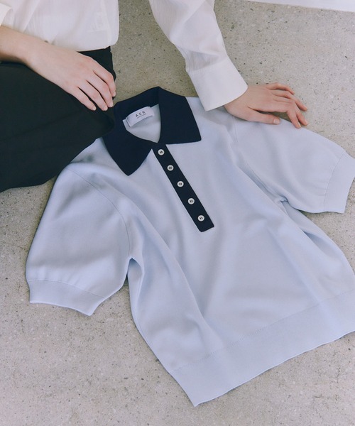ADAM ET ROPE'（アダムエロペ）の「【WEB限定】ハーフスリーブバイカラーポロニット（ポロシャツ・レディース・ネイビー/ブラック/サックスブルー・FREE）」の3枚目の写真