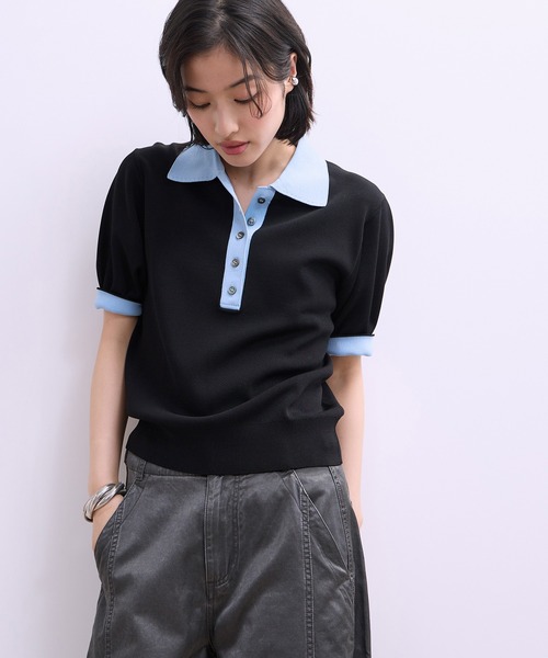ADAM ET ROPE'（アダムエロペ）の「【WEB限定】ハーフスリーブバイカラーポロニット（ポロシャツ・レディース・ネイビー/ブラック/サックスブルー・FREE）」の2枚目の写真