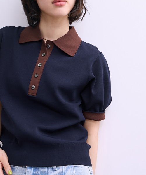 ADAM ET ROPE'（アダムエロペ）の「【WEB限定】ハーフスリーブバイカラーポロニット（ポロシャツ・レディース・ネイビー/ブラック/サックスブルー・FREE）」の4枚目の写真