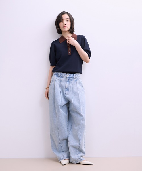 ADAM ET ROPE'（アダムエロペ）の「【WEB限定】ハーフスリーブバイカラーポロニット（ポロシャツ・レディース・ネイビー/ブラック/サックスブルー・FREE）」の5枚目の写真