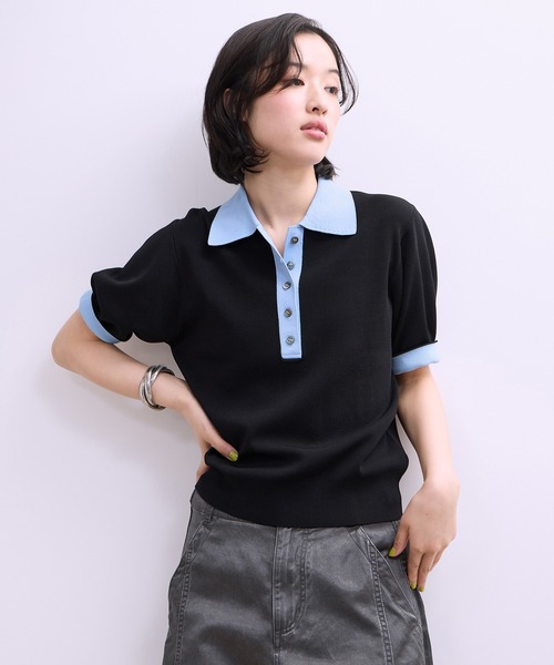 ADAM ET ROPE'（アダムエロペ）の「【WEB限定】ハーフスリーブバイカラーポロニット（ポロシャツ・レディース・ネイビー/ブラック/サックスブルー・FREE）」の9枚目の写真