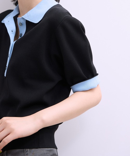 ADAM ET ROPE'（アダムエロペ）の「【WEB限定】ハーフスリーブバイカラーポロニット（ポロシャツ・レディース・ネイビー/ブラック/サックスブルー・FREE）」の11枚目の写真