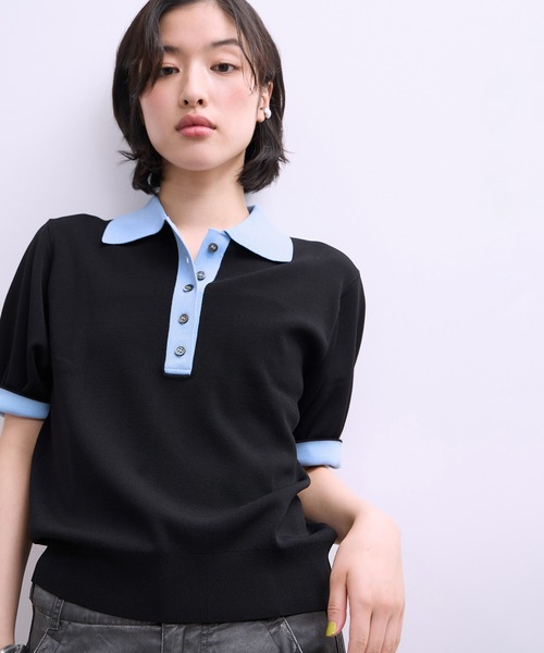 ADAM ET ROPE'（アダムエロペ）の「【WEB限定】ハーフスリーブバイカラーポロニット（ポロシャツ・レディース・ネイビー/ブラック/サックスブルー・FREE）」の12枚目の写真