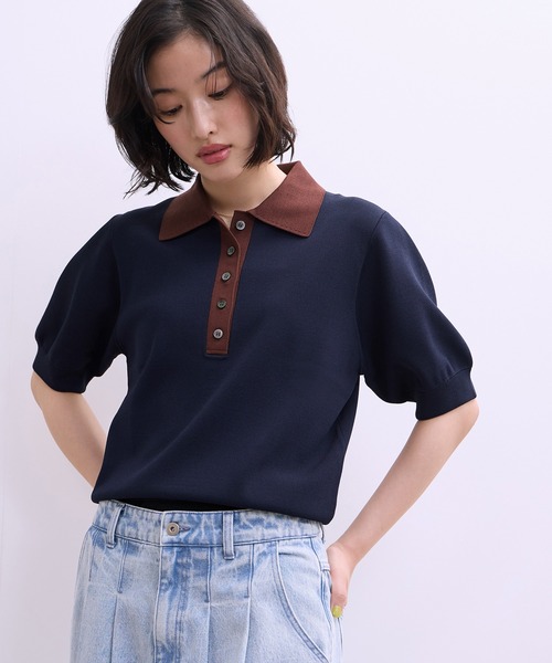 ADAM ET ROPE'（アダムエロペ）の「【WEB限定】ハーフスリーブバイカラーポロニット（ポロシャツ・レディース・ネイビー/ブラック/サックスブルー・FREE）」の13枚目の写真