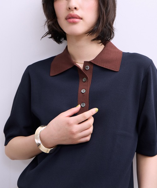 ADAM ET ROPE'（アダムエロペ）の「【WEB限定】ハーフスリーブバイカラーポロニット（ポロシャツ・レディース・ネイビー/ブラック/サックスブルー・FREE）」の14枚目の写真