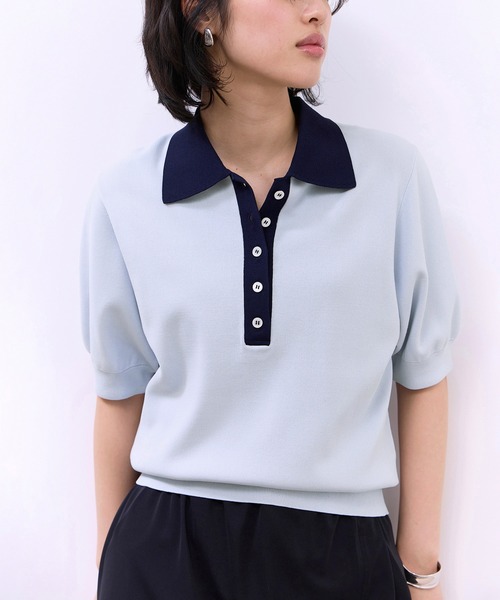 ADAM ET ROPE'（アダムエロペ）の「【WEB限定】ハーフスリーブバイカラーポロニット（ポロシャツ・レディース・ネイビー/ブラック/サックスブルー・FREE）」の18枚目の写真