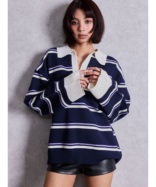 GYDA（ジェイダ）の「スキッパーPOLOボーダーニットトップス（ニット/セーター・レディース・ネイビー/グレー/アイボリー・FREE）」の3枚目の写真