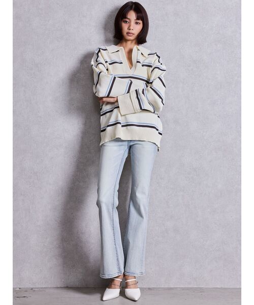 GYDA（ジェイダ）の「スキッパーPOLOボーダーニットトップス（ニット/セーター・レディース・ネイビー/グレー/アイボリー・FREE）」の4枚目の写真