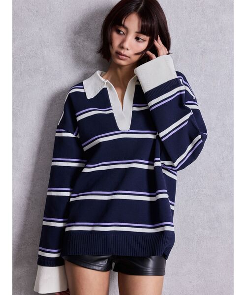 GYDA（ジェイダ）の「スキッパーPOLOボーダーニットトップス（ニット/セーター・レディース・ネイビー/グレー/アイボリー・FREE）」の7枚目の写真
