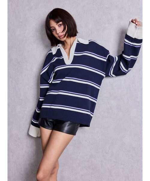 GYDA（ジェイダ）の「スキッパーPOLOボーダーニットトップス（ニット/セーター・レディース・ネイビー/グレー/アイボリー・FREE）」の12枚目の写真