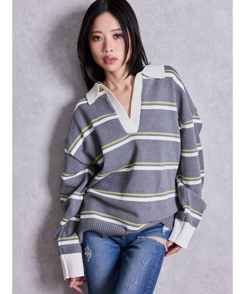 GYDA（ジェイダ）の「スキッパーPOLOボーダーニットトップス（ニット/セーター・レディース・ネイビー/グレー/アイボリー・FREE）」の14枚目の写真