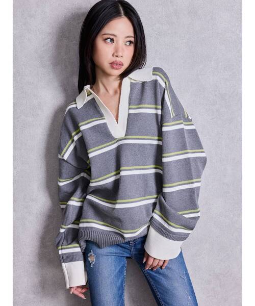 GYDA（ジェイダ）の「スキッパーPOLOボーダーニットトップス（ニット/セーター・レディース・ネイビー/グレー/アイボリー・FREE）」の15枚目の写真