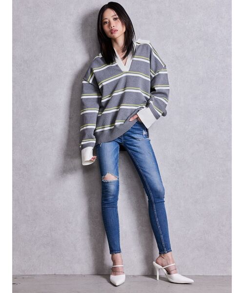 GYDA（ジェイダ）の「スキッパーPOLOボーダーニットトップス（ニット/セーター・レディース・ネイビー/グレー/アイボリー・FREE）」の17枚目の写真