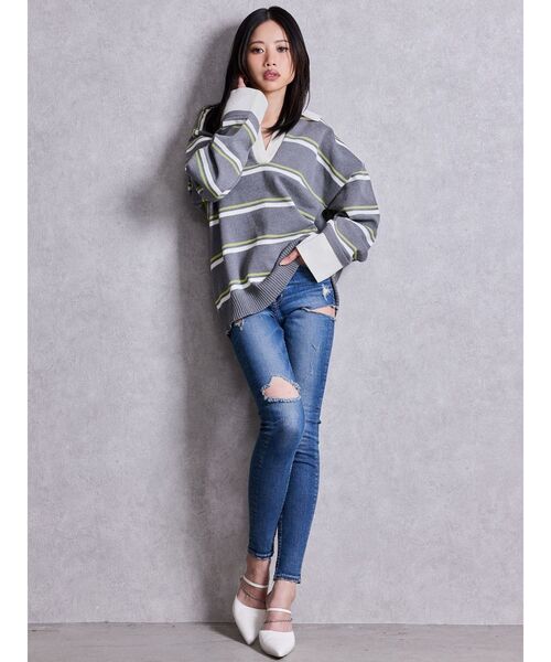 GYDA（ジェイダ）の「スキッパーPOLOボーダーニットトップス（ニット/セーター・レディース・ネイビー/グレー/アイボリー・FREE）」の18枚目の写真