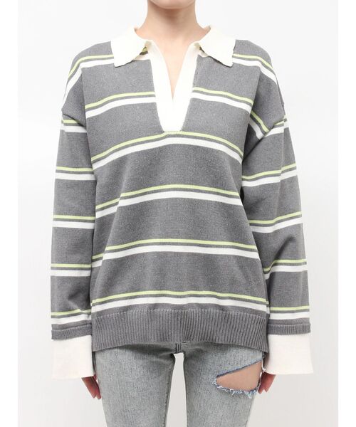 GYDA（ジェイダ）の「スキッパーPOLOボーダーニットトップス（ニット/セーター・レディース・ネイビー/グレー/アイボリー・FREE）」の20枚目の写真