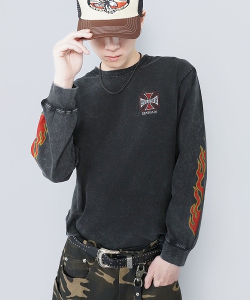 SPINNS(スピンズ)の「短丈ロングスリーブTシャツ/クロスファイヤーロゴ/バックプリント(Tシャツ/カットソー・メンズ・ウッドランド/ホワイト/ブラック系その他/ブラック・ONESIZE)」の7枚目の写真