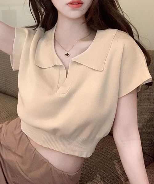 GLAMOROUS JANE(グラマラスジェーン)の「スキッパークロップド丈半袖ポロニット(ニット/セーター・レディース・ベージュ/ホワイト/ブラウン/ブラック・FREE)」の1枚目の写真