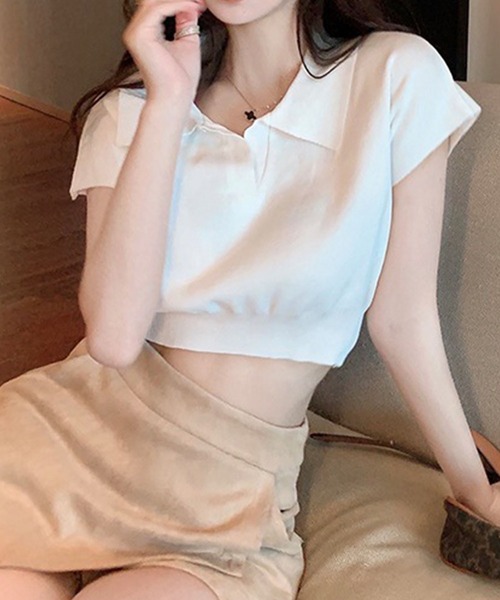 GLAMOROUS JANE(グラマラスジェーン)の「スキッパークロップド丈半袖ポロニット(ニット/セーター・レディース・ベージュ/ホワイト/ブラウン/ブラック・FREE)」の6枚目の写真