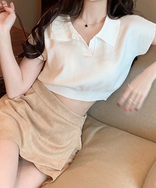 GLAMOROUS JANE(グラマラスジェーン)の「スキッパークロップド丈半袖ポロニット(ニット/セーター・レディース・ベージュ/ホワイト/ブラウン/ブラック・FREE)」の7枚目の写真