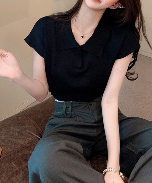 GLAMOROUS JANE(グラマラスジェーン)の「スキッパークロップド丈半袖ポロニット(ニット/セーター・レディース・ベージュ/ホワイト/ブラウン/ブラック・FREE)」の11枚目の写真